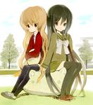  aisaka_taiga bread crossover food kugimiya_rie melon_bread multiple_girls okama oohashi_high_school_uniform school_uniform seiyuu_connection shakugan_no_shana shana skirt sword thighhighs toradora! weapon zettai_ryouiki 