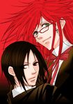  black_hair bow formal glasses green_eyes grell_sutcliff kuroshitsuji long_hair lowres red_eyes red_hair redhead sebastian_michaelis skull skulls 