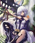  animal animal_on_shoulder bird bird_on_shoulder brown_eyes copyright_request eiwa hair_over_one_eye ruins solo sword torn_clothes weapon white_hair wings 