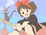  :d animal bad_id bad_pixiv_id bag bakushiishi_at black_cat blush broom broom_riding brown_hair cat core_(mayomayo) handbag jiji_(majo_no_takkyuubin) kiki looking_at_viewer majo_no_takkyuubin open_mouth pointy_ears short_hair smile tareme 