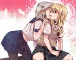  alternate_costume bell bell_collar blonde_hair blush collar izayoi_sakuya jingle_bell kirisame_marisa kiss multiple_girls pantyhose plaid plaid_skirt ribbon school_uniform short_hair silver_hair skirt sweater_vest takishima_asaka touhou yuri 