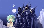  2boys animal_print armor black_armor blush bottle breasts cecil_harvey cleavage cow_girl cow_print crescent_moon cup dark_knight_(final_fantasy) final_fantasy final_fantasy_iv full_armor full_moon golbeza green_hair horns kouno_hikaru medium_breasts milk milk_bottle moon multiple_boys multiple_moons night rydia sitting smile 