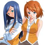  ahoge aqua_eyes blue_eyes blue_hair breasts crossed_arms hozumi_takashi kuga_natsuki large_breasts long_hair multiple_girls my-hime orange_hair orange_shirt school_uniform shirt short_hair smile tokiha_mai 