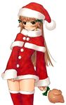  angry blush brown_eyes brown_hair capelet chicken_(food) christmas covering covering_crotch food long_hair non-web_source panties petite re_mii red_capelet santa_costume shirt_tug solo tanaka_takayuki thighhighs underwear zoids zoids_genesis 