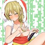  bad_id bad_pixiv_id blonde_hair blush breasts closed_eyes covering covering_breasts hat katana large_breasts long_hair nipples saitou_ikura santa_hat solo sword todoroki_yachiyo weapon working!! 