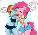  anthro belly_button_ring blush clothing cutie_mark dialog duo english_text equine eyes_closed female friendship_is_magic hair horse mammal miniskirt multi-colored_hair my_little_pony navel navel_piercing panties pegasus piercing pink_hair pinkie_pie_(mlp) plain_background pony rainbow_dash_(mlp) rainbow_hair shirt shorts skirt smile sparkle tank_top text theoretical-chaos thong toony underwear white_background wings 