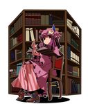  ankle_boots book bookshelf boots bow chair crescent crescent_hair_ornament dress epurasu full_body hair_bow hair_ornament hat hat_ribbon highres index_finger_raised long_hair long_sleeves looking_at_viewer mob_cap open_book patchouli_knowledge purple_eyes purple_hair ribbon robe shadow sidelocks simple_background sitting solo striped striped_dress touhou white_background 
