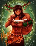  antlers avatar_(series) bare_shoulders bell bell_choker blue_eyes box breasts brown_hair choker christmas christmas_lights corset gift gift_box hair_tubes iahfy korra long_hair medium_breasts reindeer_antlers sack skirt smile solo the_legend_of_korra 