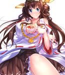  ahoge bad_id bad_pixiv_id bare_shoulders blue_eyes breasts brown_hair cleavage cup detached_sleeves double_bun hair_ornament hairband headgear highres japanese_clothes kantai_collection kongou_(kantai_collection) large_breasts long_hair miniskirt nontraditional_miko ribbon-trimmed_sleeves ribbon_trim skirt smile solo swordsouls tea teacup 