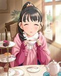  black_hair bus cafe cake car chair closed_eyes cup double-decker_bus elizabeth_tower food fukuyama_mai ground_vehicle hair_ornament idolmaster idolmaster_cinderella_girls indoors jam jpeg_artifacts lamppost london looking_at_viewer motor_vehicle official_art ponytail pov_across_table ramekin saucer scone scrunchie shawl sitting smile solo table tea tea_set tea_stand teacup teapot tiered_tray window winter_clothes 