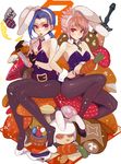  animal_ears basket battle_bunny_riven blue_hair braid bullet bullet_in_mouth bunny_ears bunny_girl bunnysuit carrot danann easter easter_bunny easter_egg egg explosive fingerless_gloves gloves grenade high_heels highres jinx_(league_of_legends) league_of_legends multiple_girls mushroom necktie pantyhose pink_hair red_eyes riven_(league_of_legends) shoe_removed shoes single_shoe smile sweatdrop sword tattoo teemo weapon 