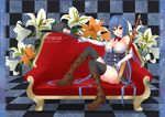  alternate_costume bad_id bad_pixiv_id bare_shoulders black_legwear blue_hair boots breasts character_name copyright_name flower gmot hat hat_ribbon hinanawi_tenshi large_breasts long_hair red_eyes ribbon scarlet_weather_rhapsody sheath sheathed sitting solo sword thighhighs touhou very_long_hair weapon 
