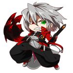  black_pants blazblue chibi devoured_by_darkness heterochromia jerun left-handed pants ragna_the_bloodedge silver_hair sword weapon 