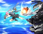  big.g blue_eyes bullet explosion gloves ha-class_destroyer kantai_collection machinery monster ocean pink_hair ponytail running_on_liquid shell_casing shinkaisei-kan shiranui_(kantai_collection) smoke to-class_light_cruiser turret vest water white_gloves 