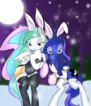  absurd_res animal_ears bedroom_eyes blue_eyes bunny_costume cutie_mark equine female feral friendship_is_magic gloves hi_res horn horse legwear looking_at_viewer mammal moon my_little_pony night outside pine_tree pony princess_celestia_(mlp) princess_luna_(mlp) purple_eyes qcryzzy rabbit_ears sky snow snowing stockings tree winged_unicorn winged_uniocorn wings zev 