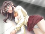  1girl binetsu_kyoushi_cherry breasts brown_hair game_cg glasses green_eyes hise_chirei huge_breasts large_breasts long_hair panties underwear white_panties yamane_masahiro zyx 