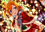  blue_eyes blush bow breath brown_hair capelet christmas_lights christmas_ornaments christmas_tree fur_trim gochou_(atemonai_heya) hair_bow kousaka_honoka love_live! love_live!_school_idol_project md5_mismatch one_side_up open_mouth ornament plaid plaid_bow santa_costume scarf short_hair smile snow solo 