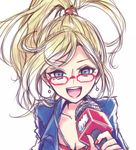  alternate_costume bespectacled blonde_hair blue_eyes earrings forecast_janna glasses janna_windforce jewelry league_of_legends long_hair looking_at_viewer messy_hair microphone open_mouth ponytail shimatta solo 