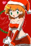  1girl bag bare_shoulders christmas collarbone ears female green_eyes hat hips kasumi_(pokemon) midriff navel nintendo open_mouth orange_hair pokemon pokemon_(anime) pokemon_(game) sant_hat santa_costume santa_hat santa_outfit short_hair smile solo strapless tongue tubetop wide_hips 