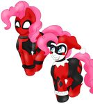  alpha_channel blackbewhite2k7 blue_eyes cosplay costume dc_comics deadpool duo equine female feral friendship_is_magic hair harley_quinn harly_quinn horse mammal marvel mask my_little_pony pink_hair pinkie_pie_(mlp) plain_background pony smile square_crossover transparent_background 