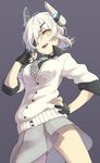  absurdres alternate_color breasts cardigan eyepatch gloves headgear highres kantai_collection medium_breasts necktie open_mouth school_uniform short_hair sleeves_rolled_up solo sonomura tenryuu_(kantai_collection) white_hair yellow_eyes 