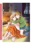  ^_^ arms_around_neck blanket blush brown_eyes brown_hair chicken_(food) closed_eyes cup fireplace food grin hug joshi_kousei kneehighs mug multiple_girls ooshima_towa plaid plaid_skirt polka_dot short_hair siblings sisters sitting skirt slippers smile socks steam striped striped_legwear suzuki_momoka suzuki_yuma twintails 