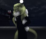  alliy anthro beverage black_clothing black_dress breasts clothed clothing crocodile detts english_text fangs female fur green_hair hair moon night open_mouth outside reptile scalie solo teeth text white_fur wine yellow_eyes 