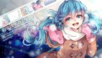  aqua_eyes aqua_hair artist_name coat copyright_name hatsune_miku long_hair looking_at_viewer mittens nou open_mouth outstretched_arm scarf solo vocaloid 