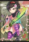  armor brown_eyes brown_hair bug butterfly comb egasumi flower foreshortening hair_flower hair_ornament highres insect junnkinn katana momohime oboro_muramasa one_knee sandals seigaiha solo striped striped_legwear sword thighhighs weapon 