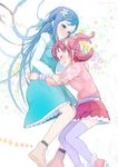  aida_mana blue_eyes blue_hair blush closed_eyes copyright_name dokidoki!_precure dress flower hair_flower hair_ornament hair_ribbon half_updo hishikawa_rikka hug kawasaki_kazuhiko long_hair multiple_girls open_mouth pink_hair ponytail precure ribbon short_hair skirt smile striped_sleeves thighhighs white_legwear 