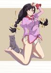  absurdres animal bakemonogatari barefoot black_hair braid cat glasses hair_ornament hanekawa_tsubasa highres kneeling long_hair long_legs looking_at_viewer monogatari_(series) nekomonogatari onekokun open_mouth panties school_uniform side-tie_panties solo twin_braids underwear white_panties 