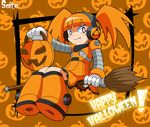  alternate_color broom broom_riding call_(mighty_no._9) call_d fang halloween happy_halloween headphones jack-o'-lantern mighty_no._9 orange_hair red_eyes robot shoutaro_saito smile twintails 