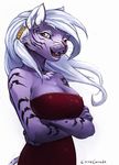  breasts cleavage clothed clothing cyancapsule fangs feline female fur hair looking_at_viewer mammal open_mouth plain_background solo tiger whiskers white_background white_fur white_hair yellow_eyes 