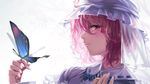  backlighting bad_id bad_pixiv_id blue_dress blush bug butterfly butterfly_on_hand dress face geppewi hands hat insect light_smile looking_at_viewer pink_eyes pink_hair profile saigyouji_yuyuko short_hair smile solo touhou triangular_headpiece upper_body veil 