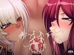  1boy 2girls beatrice_kushan blush censored cum cum_in_mouth cum_on_hair cum_string cum_trail facial kagami kagami_hirotaka kangoku_senkan kangoku_senkan_3 kila_kushan lilith-soft mother_and_daughter multiple_girls penis testicles 