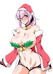  1girl bell blue_eyes blush breasts christmas cleavage collar daiba_canon god_eater hat kanten large_breasts pink_hair santa_hat shiny shiny_skin solo wink 