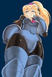  arm_cannon artist_request blonde_hair blue_eyes bodysuit latex long_hair rokko-chan rokko-chan_(character) simple_background solo tears weapon 