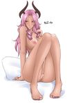  1girl barefoot baru_(val-val) breasts castanics dark_skin feet highres horns large_breasts long_hair nail_polish nipples nude pink_hair pink_nails pussy red_eyes sitting solo tera_online toenail_polish translation_request uncensored 