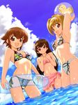  armpits arms_up ball beachball bikini black_bikini brown_eyes brown_hair day dutch_angle himemiya_nana holding holding_ball innertube kasukabe_shia kurihashi_akana long_hair looking_at_viewer multiple_girls ocean open_mouth pink_bikini pink_sarong print_bikini sarong short_hair side-tie_bikini smile standing swimsuit tessai tetsudou_musume white_bikini 