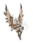 breast_hold breasts brown_wings crossed_arms dual_wielding green_eyes gun highres holding kazana_(sakuto) large_breasts long_hair original shorts simple_background solo very_long_hair weapon white_background wings 