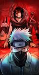  2boys artist_name black_hair blonde_hair blood blood_on_face blue_eyes dark forehead_protector hatake_kakashi heterochromia highres lying mask multiple_boys naruto naruto_(series) nohara_rin red_eyes sharingan short_hair sora_(artist) spoilers uchiha_obito vest zipper 