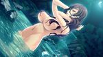  1girl adjusting_hair arms_up bath bathing black_hair breasts censored convenient_censoring forest game_cg highres lake large_breasts long_hair moon nature navel night nude reflection river sengoku_koihime:_otome_kenran_sengoku_emaki sky standing water waterfall wet yellow_eyes 
