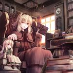  akashio_(loli_ace) alice_margatroid alternate_color alternate_costume alternate_eye_color apron blonde_hair book book_stack bookshelf bow brown_dress brown_eyes capelet chair chandelier clock curtains dress grimoire grimoire_of_alice hair_bow looking_at_viewer open_mouth sash shanghai_doll sitting sunset touhou waist_apron window 