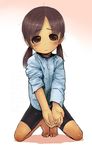  barefoot bike_shorts blush brown_eyes brown_hair cupping_hands jacket kikai_(akita_morgue) kneeling original solo twintails 