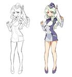  azamono bare_legs blush call_(mighty_no._9) call_e call_e_(cosplay) cosplay diana_cavendish garrison_cap hat high_heels legs light_green_hair lineart little_witch_academia long_hair mighty_no._9 multicolored_hair necktie polearm pumps solo trident two-tone_hair uniform wand weapon white_hair 
