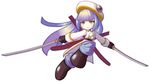  1girl alternate_costume bangs blue_hair boots call_(mighty_no._9) call_i dual_wielding hat katana long_hair mighty_no._9 multicolored_hair pants pontata purple_hair scabbard sheath solo sword tsurime two-tone_hair weapon white_background yellow_eyes 