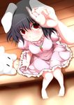  animal_ears black_hair bunny_ears carrot carrot_necklace dress from_above inaba_tewi jewelry maeda_kousuke necklace pendant pink_dress red_eyes short_hair sitting smile solo_focus touhou |_| 