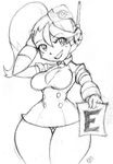  bangs breasts call_(mighty_no._9) call_e curvy garrison_cap greyscale grin hat headset mighty_no._9 monochrome necktie paper randomboobguy side_ponytail sketch slender_waist smile solo thick_thighs thigh_gap thighs wide_hips 