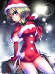  bell blue_eyes brown_hair elbow_gloves gloves green_eyes hat heterochromia idolmaster idolmaster_cinderella_girls looking_at_viewer mole mole_under_eye natsu_(anta_tte_hitoha) open_mouth red_gloves ribbon santa_costume santa_hat short_hair sitting snowing solo takagaki_kaede thighhighs 