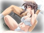  1girl binetsu_kyoushi_cherry blinking blush bra breasts brown_hair collarbone glasses hand_on_head hise_chirei huge_breasts large_breasts lingerie long_hair panties penis uncensored underwear yamane_masahiro zyx 